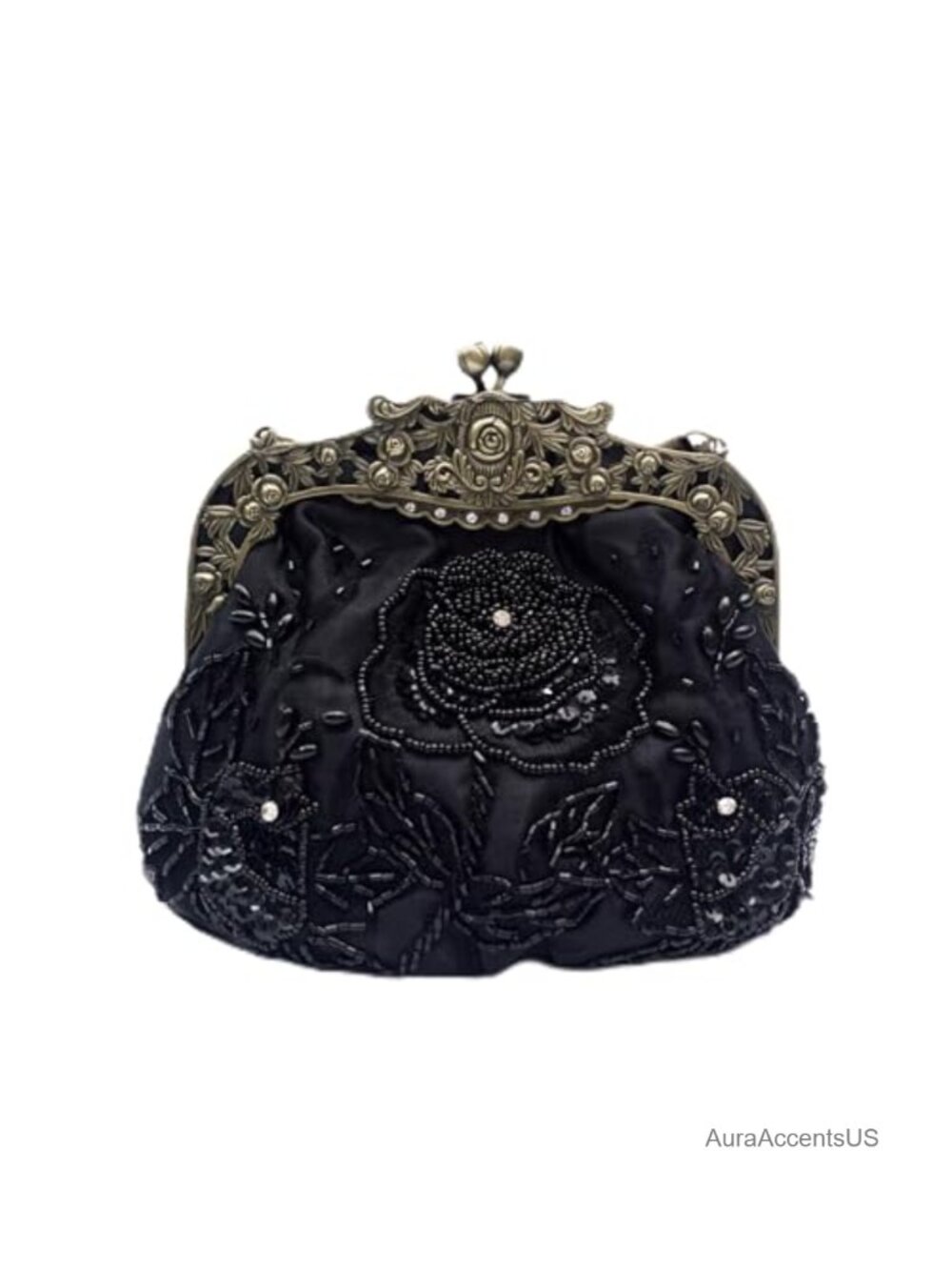 Handmade Beaded Rose Evening Clutch Kiss Lock Purse with Chain Straps